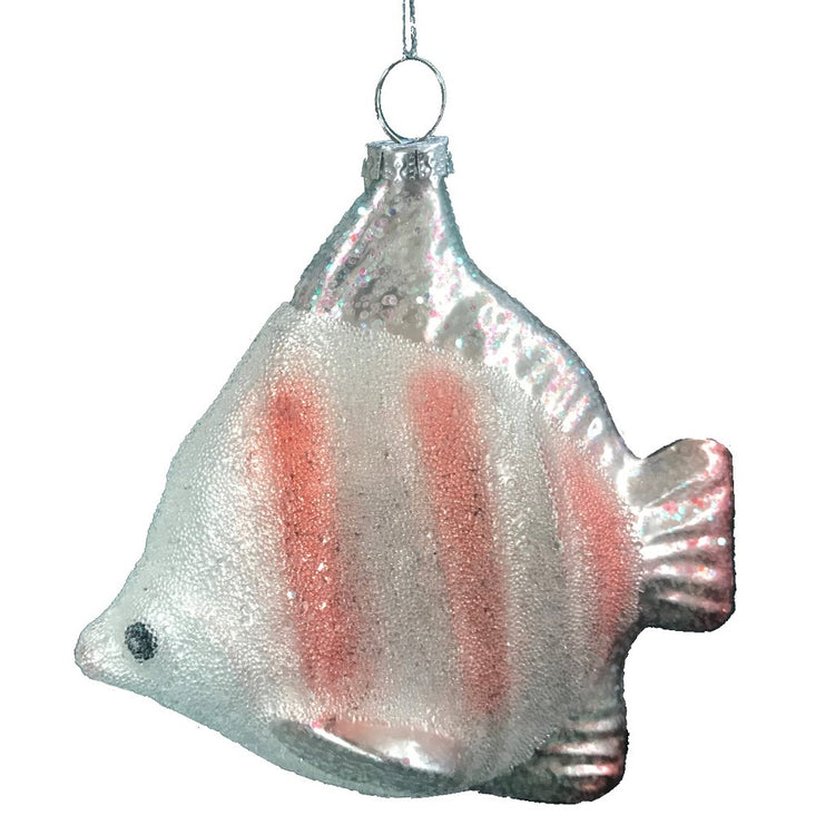Angelfish shaped Christmas ornament with silver cord. Shades of white and faded pink with textured front.