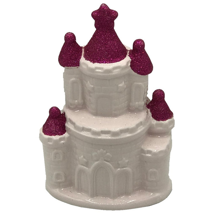 White glitter castle bank with hot pink glitter roofing.