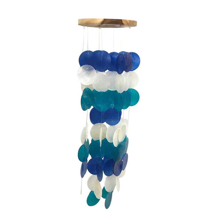 Wood top wind chime with blue, white & turquoise circle capiz chimes.