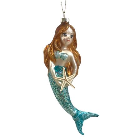 mermaid ornament, blue tail holding a starfish.  long reddish hair