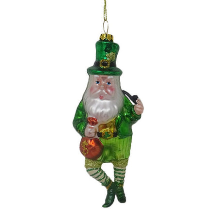 Irish Santa with a green outfit & hat on & a bag of money.