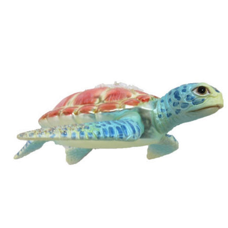 Sea turtle figurine hanging ornament.  Teal body with pink pastel shell, bead like embellishments.