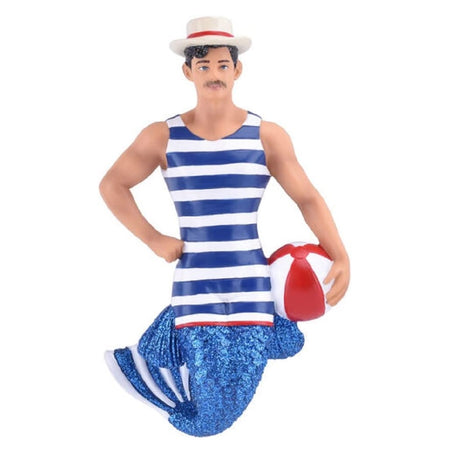 Resin Merman ornament with blue tail, vintage inspired blue & white striped bathing suit, red beach ball and a straw look hat.