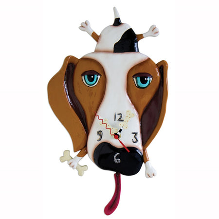 Brown & black dog clock with a pink tongue pendulum & blue eyes.