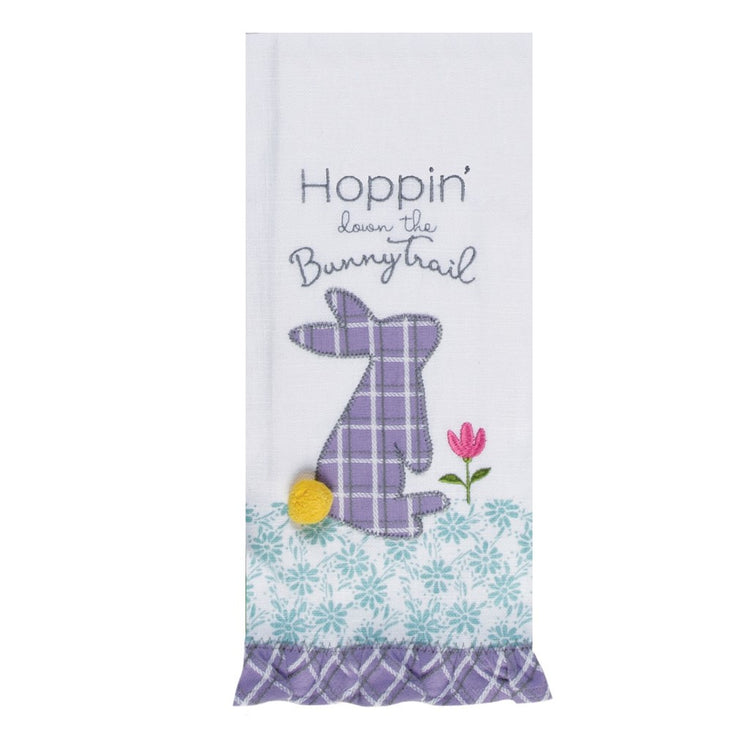 White cotton towel with purple plaid bunny applique, plaid ruffle, emboridered "Hoppin down the bunny trail."