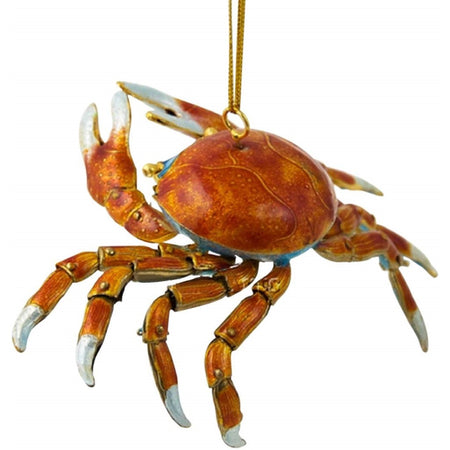Red crab shaped hanging Christmas ornament on gold cord.