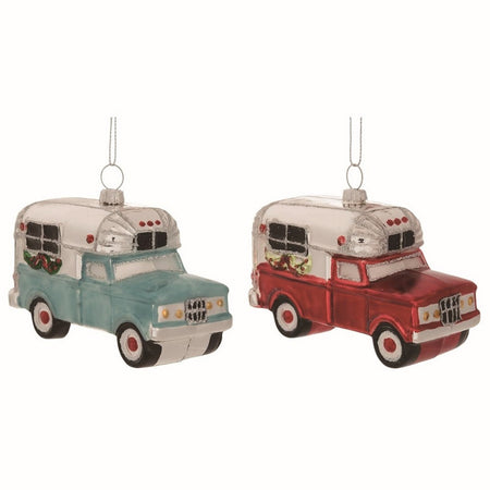 1 blue camper and 1 red camper with Christmas wreaths and glitter.