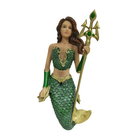 mermaid with brown hair, green tail & outfit & glitter accent