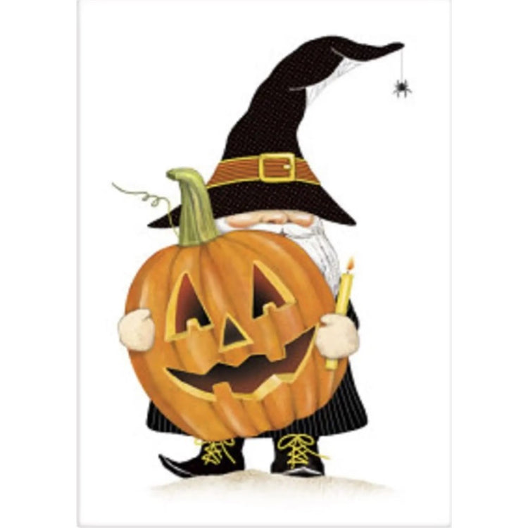 Gnome in a black outfit holding a pumpkin.