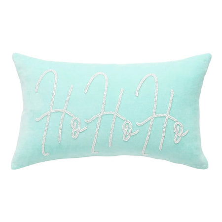 Light blue pillow That has beads on it that spells out Ho Ho Ho.