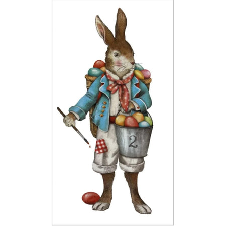 White cotton flour sack towel with printed design of a brown bunny in a blue coat, carrying a basket of easter eggs on his back and a bucket of eggs in one hand. 