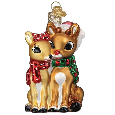 Blown glass hand painted ornament of Rudolph the Red Nose Reindeer and his girlfriend, Clarice.
