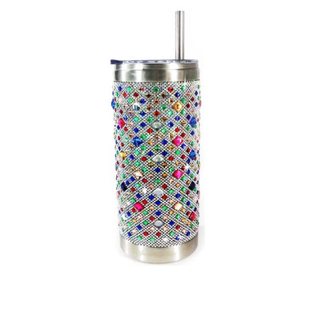 metal tumlber covered in multicolor rhinestones