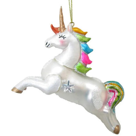 Glass and resin white unicorn ornament with rainbow color mane and tail, gold horn and glittery accents.