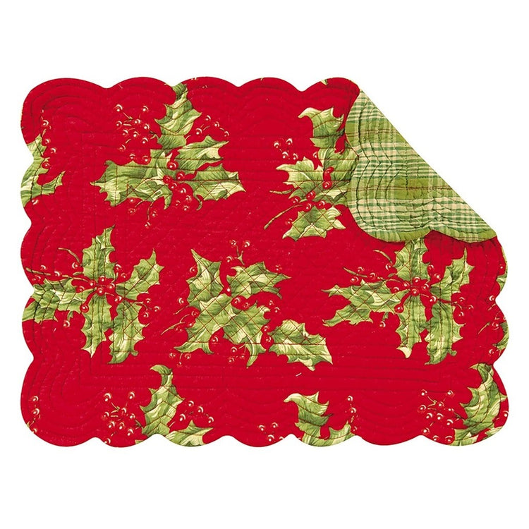 Red placemat with holly on 1side, green plaid on the other side.
