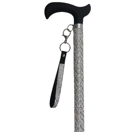 zoomed in picture of the handle, wrist strap and top of cane to show detail of pearl and silver rhinestone.