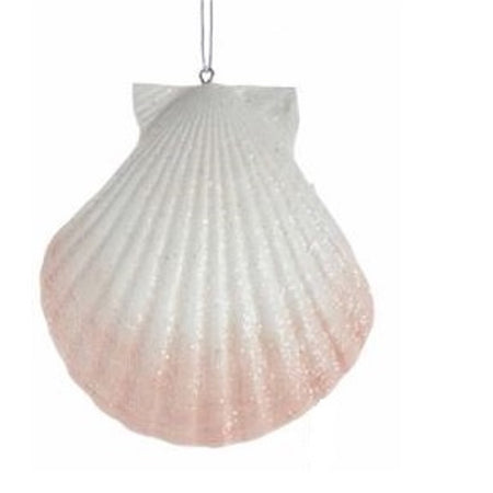 White and glitter shell with a pink tint on the end on the shell.