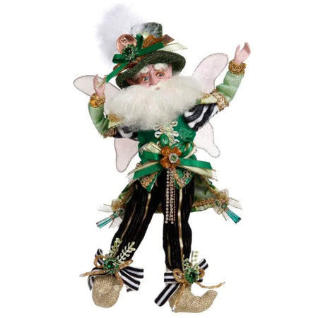 bearded fairy man, with green, black and gold outfit with a green glittery top hat that has a penny accent.