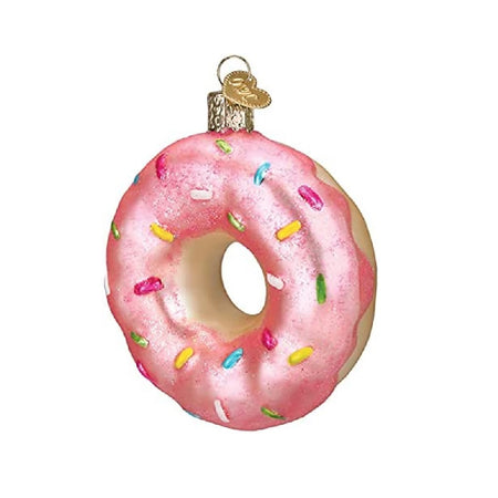Blown glass donut ornament with pink frosting and rainbow sprinkle design.