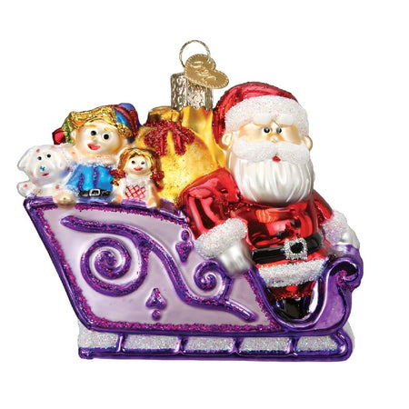 Blown glass ornament, Santa and friends in a purple sleigh