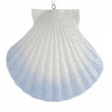 Seashell shaped Christmas ornament.  White with faded blue accent.