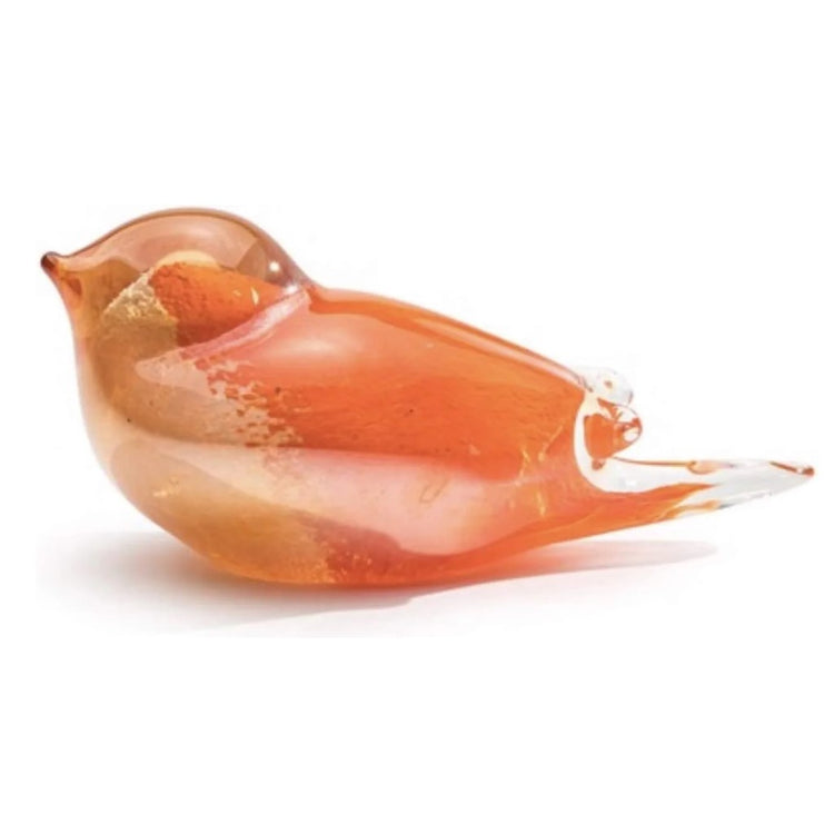 Orange colored blown glass sparrow paperweight.