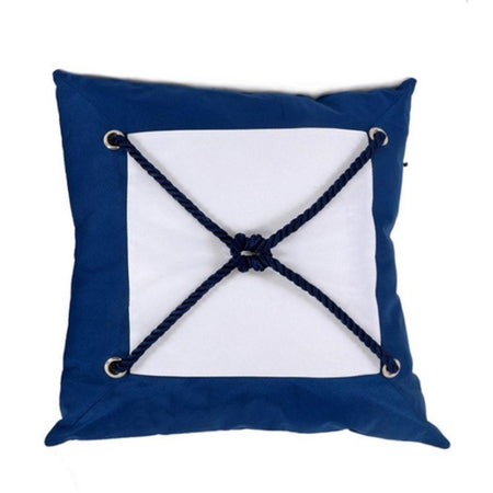 Navy pillow with a white square in the center & a navy sailors knot in the middle.