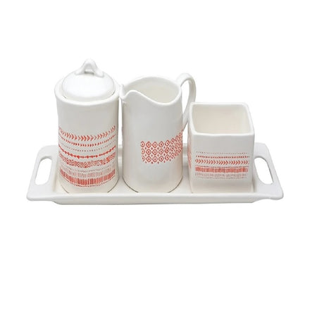 white ceramic serving tray with a matching white and red sugar bowl, creamer pitcher and jam jar, all with a cute red pattern design on them.
