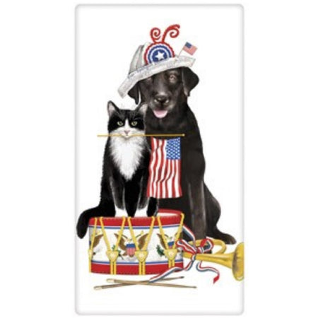 White towel with black lab & black cat with American flag, drum and bugle.