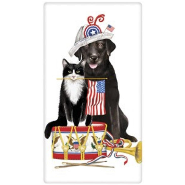 White towel with black lab & black cat with American flag, drum and bugle.