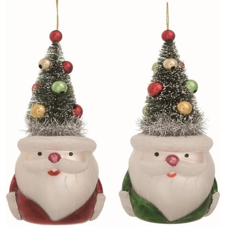 Santa with a bottle brush tree hat ornaments.
