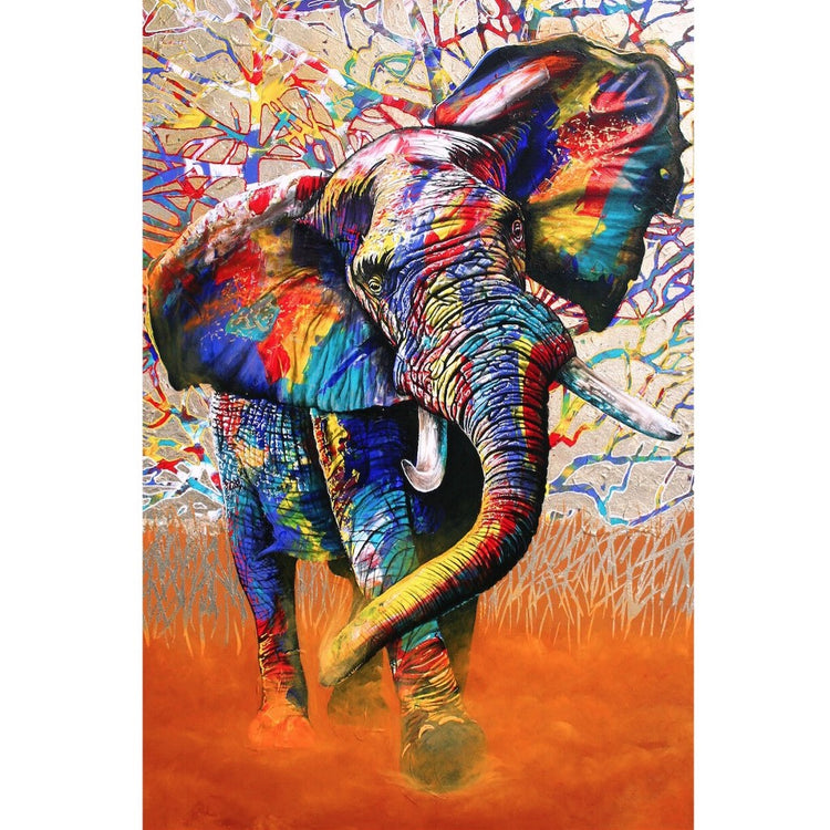 Elephant walking through orange dust, with rainbow paint splattered on him and the tree behind. This is the image for this puzzle.