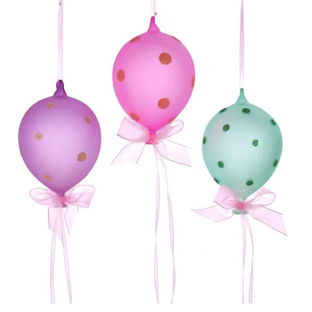3 blown glass balloon shaped ornaments with ribbon. One balloon is purple, one pink, one green. Each has glitter polka dot accents.
