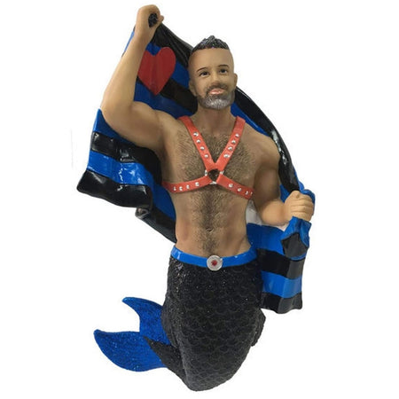 december diamonds merman ornament, holding a black and blue striped flag, wearing a leather harness.