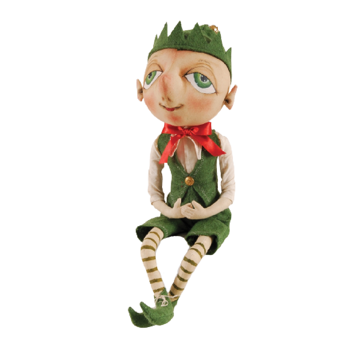fabric elf figurine, wearing green vest, shorts, boots and elf hat, white and green striped stockings and a red ribbon bow tie.