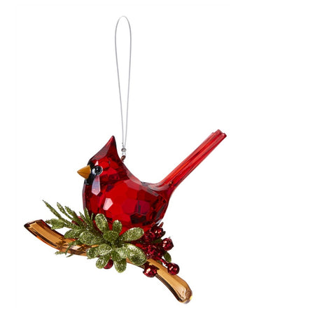 Red acrylic cardinal on an acrylic branch with faux greenery ornament.
