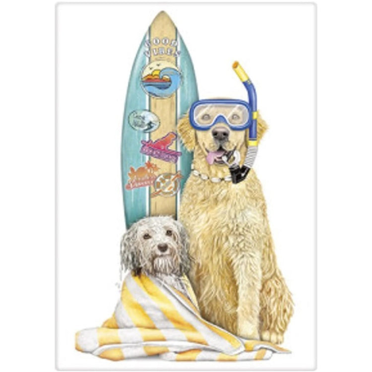 Golden retriever & saggy dog with a surfboard.