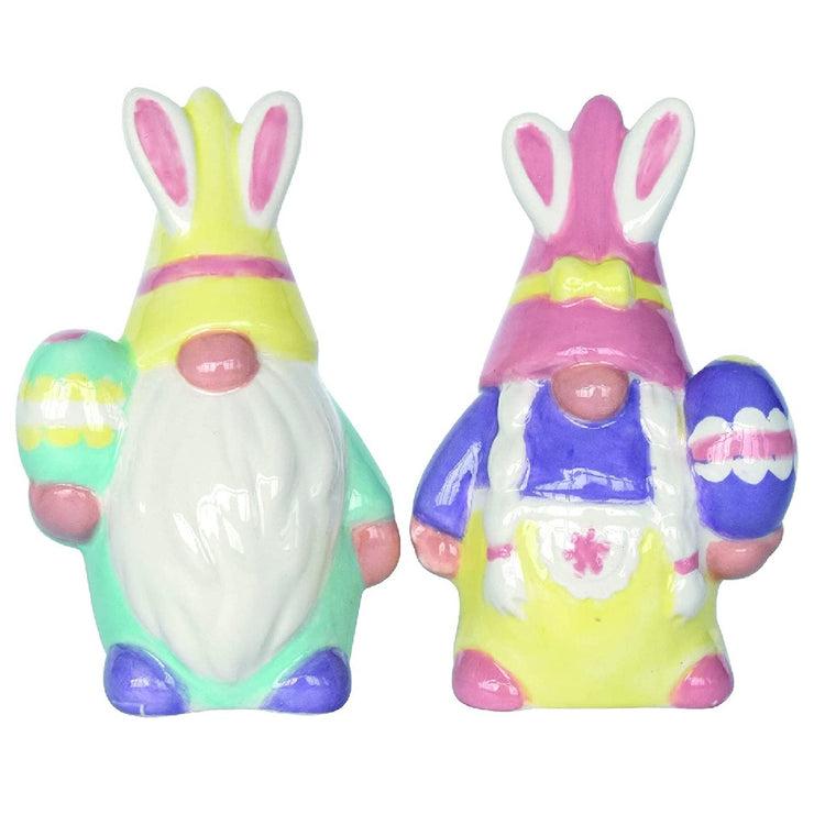 Garden gnome shaped salt and pepper shakers with bunny ear hats and easter eggs.