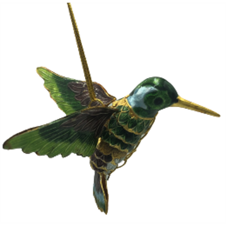 green and blue hummingbird ornament with purple on wings and tail