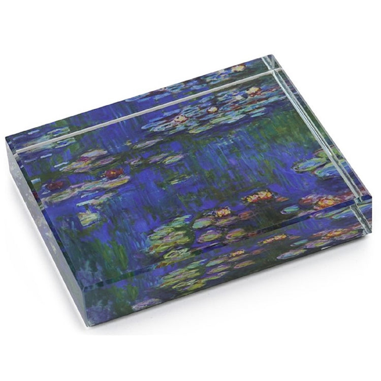Block type crystal square to rectangle.  Clear glass with Monet's Water Lilies print under.