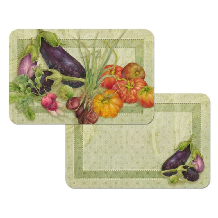 Green placemat with vegetables on the front.