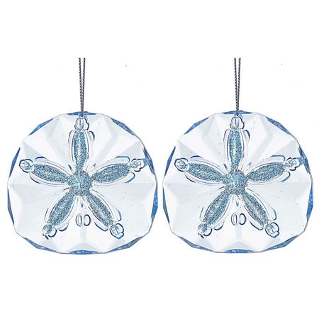 2 blue sand dollar ornaments. The ornaments are acrylic with a glitter accent.