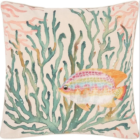 Coral pillow with teal coral & a rainbow sequence fish on it.