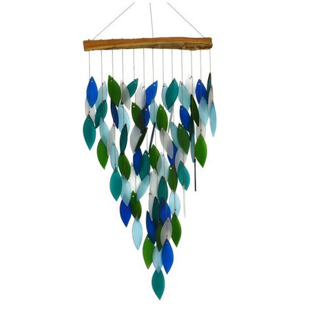 Blue, teal, green & white tear drop chime with a wooden top.