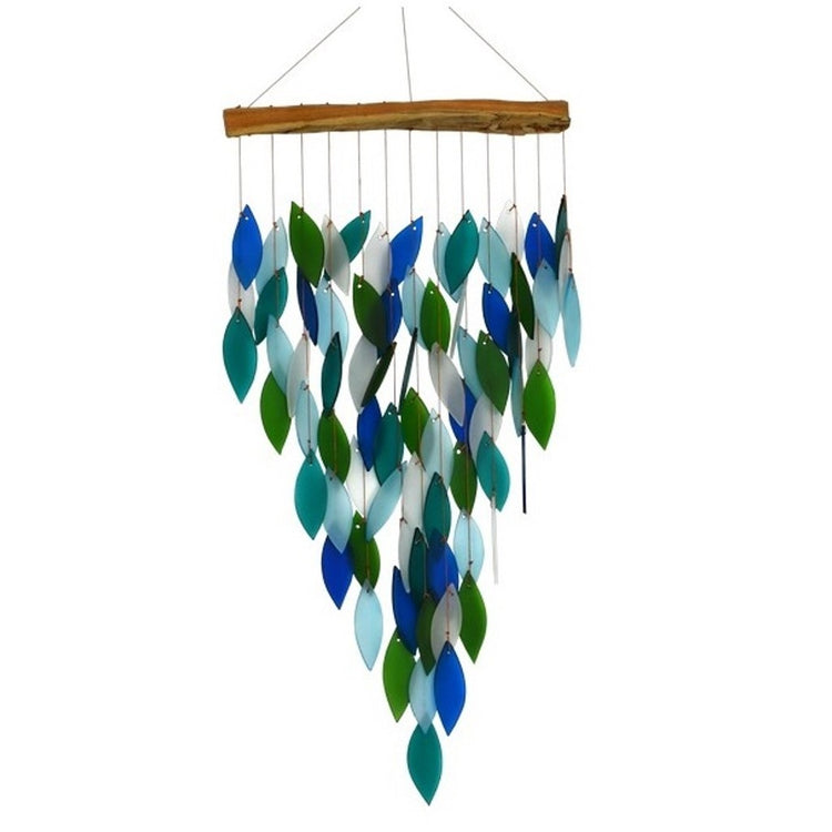 Blue, teal, green & white tear drop chime with a wooden top.