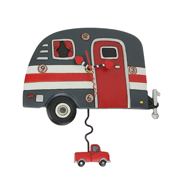 Dark grey and red camper trailer designed resin wall clock, there is a pendulum that looks like a little red pickup truck.