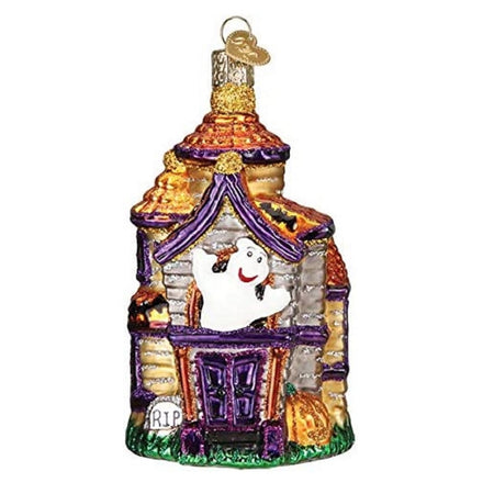 Blown glass haunted house ornament with ghost