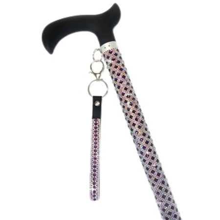 Purple and silver cane with a black handle.