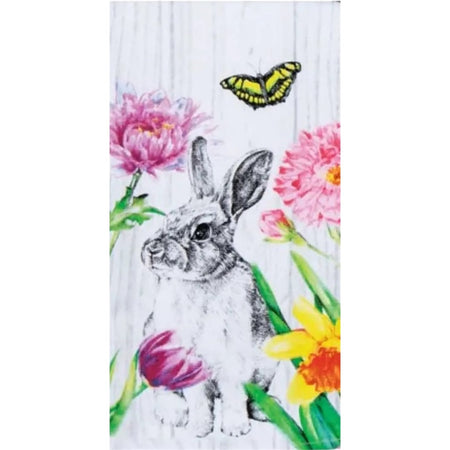White towel with rabbit, flowers & a butterfly.