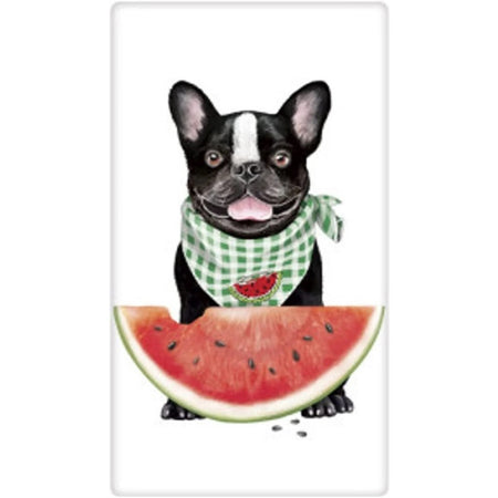 A frenchie with a plaid bib on & a watermelon in front of him. 